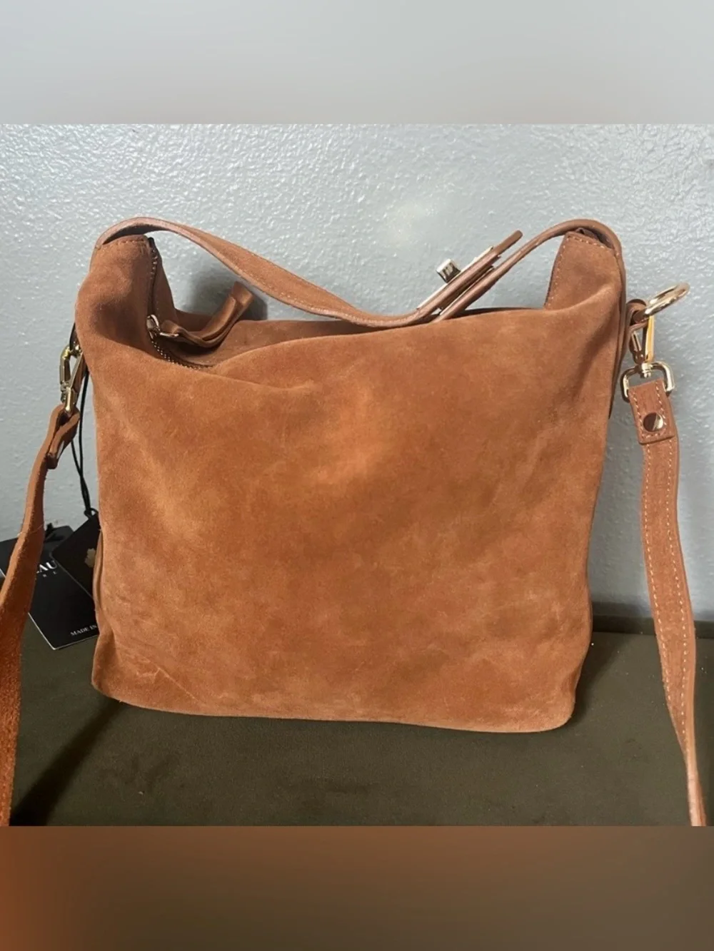 Claudia Firenze Genuine Suede Hobo Hand Bag/Crossbody Cognac Camel Italian NWT